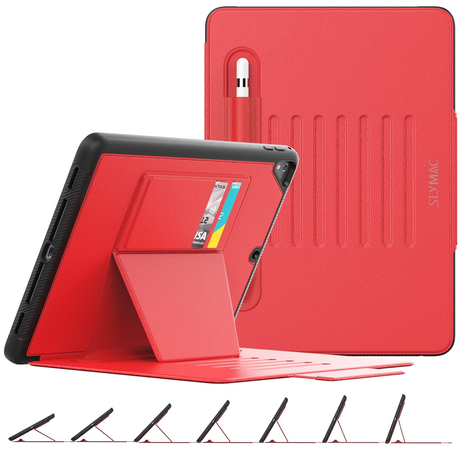 SEYMAC stock Case for iPad 6th/5th Generation/Air 2 / Pro 9.7'', Magnetic Auto Sleep/Wake Smart Cover with [Multi-angles Stand] Pencil Holder & Card Slot Feature for iPad 9.7 Inch 2018/2017, Red