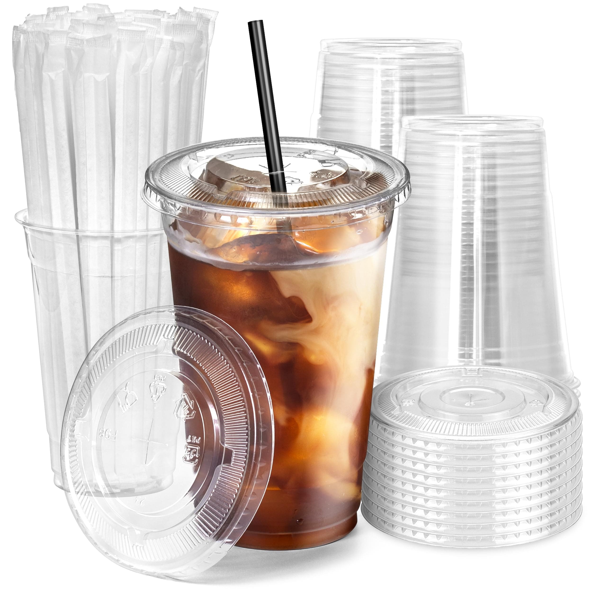 Fit Meal Prep 100 Pack 20 oz Plastic Iced Coffee Cups with Flat Lids and Black Straws, Disposable Clear Cup, BPA Free Cup for Party, Smoothie, Cold Drinks, Juice, Milkshake, Bubble Boba, Tea
