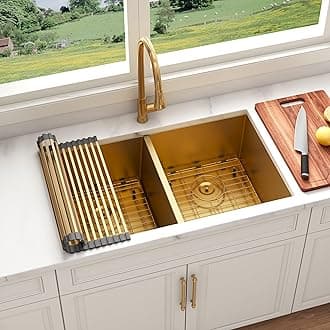 32 Inch Gold Double Bowl Kitchen Sink Undermount 304 Stainless Steel 16 Gauge 50/50 Spacious Double Basin Design Sinks with Accessories 32" x 18" x 10"