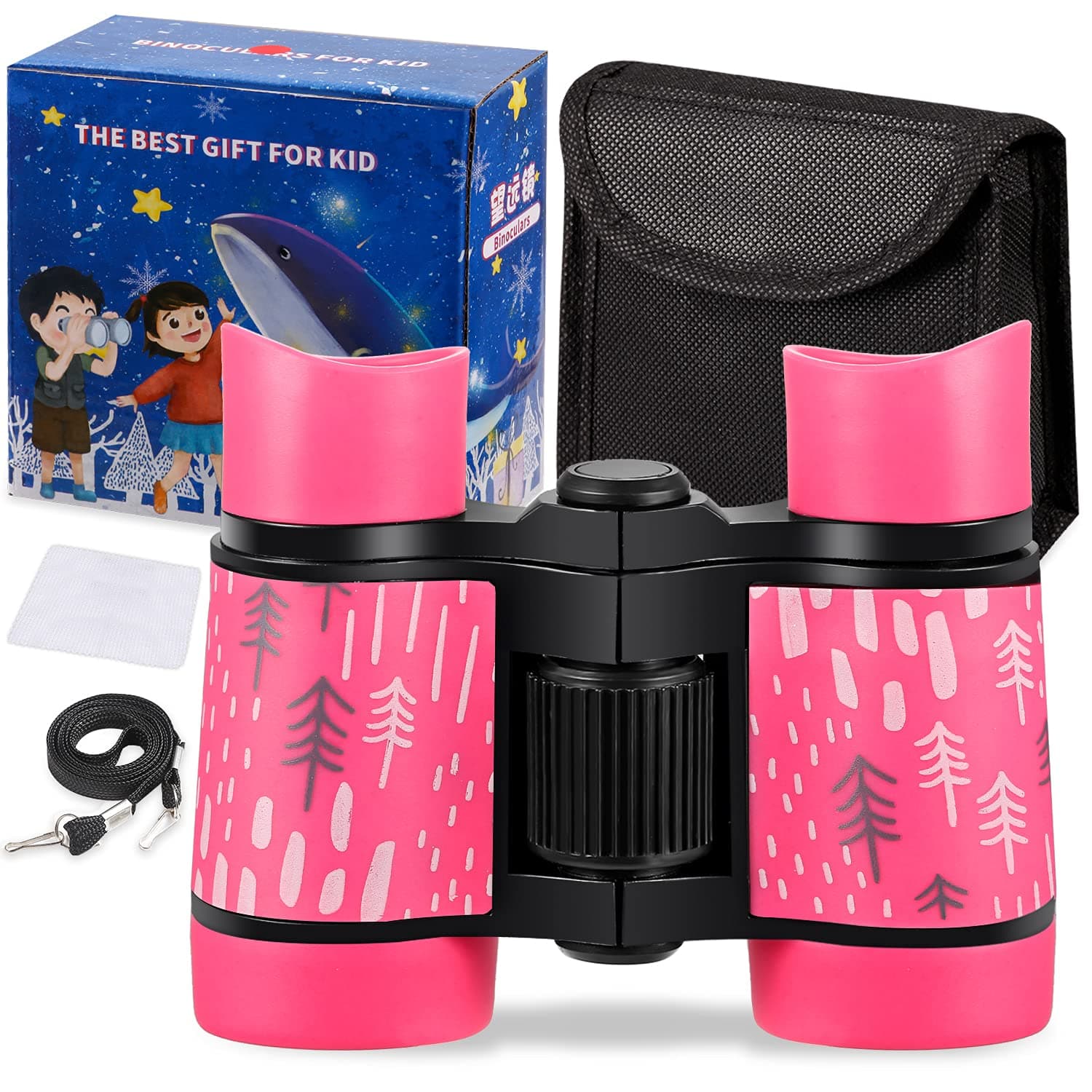 Kid Binoculars Shock Proof Toy Binoculars Set - Bird Watching - Educational Learning - Presents for Kids - Children Gifts - Boys and Girls - Outdoor Play - Hunting - Hiking - Camping Gear（Pink）