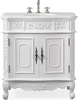 Tennant Brand 33 inch Benson Traditional Style Antique White Cabinet Bathroom Sink Vanity with White Marble Top