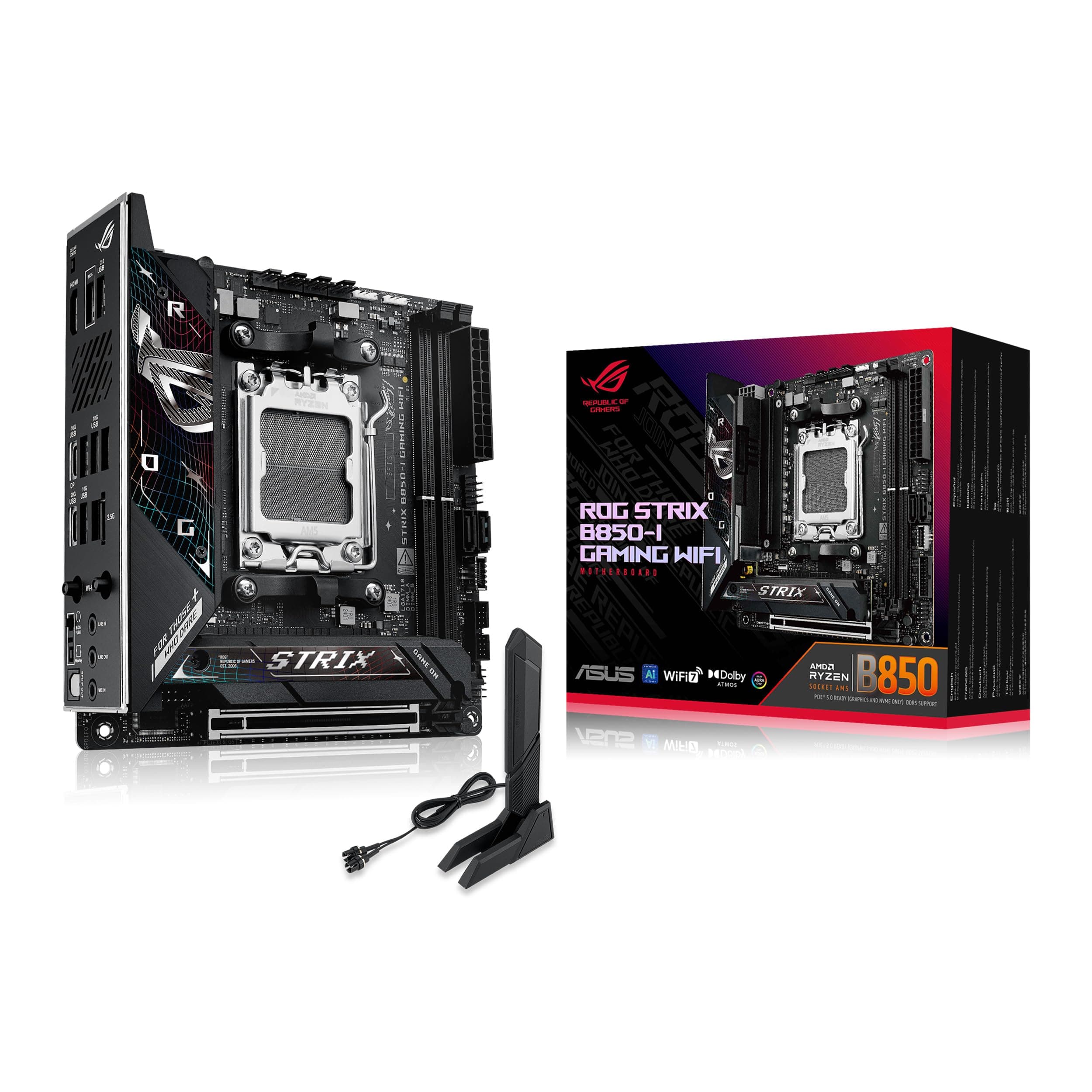 ASUS ROG Strix B850-I Gaming WiFi AMD Mini-ITX motherboard, 10+2+1 power stages, DDR5 slots, two M.2 slots, PCIe 5.0, WiFi 7, USB 20Gbps Type-C, and Aura Sync RGB