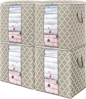 WISELIFE Storage Bags 4 Pack/100L Large Blanket Clothes Organization and Storage Containers for Comforters,Bedding, Foldable Organizer with Reinforced Handle, Clear Window, Sturdy Zippers,Beige