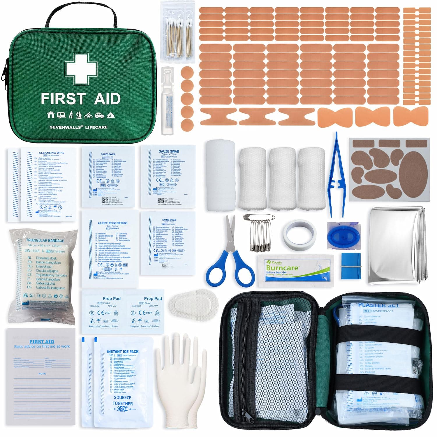 220 Piece Premium First Aid Kit Bag - Includes 2 x Ice Packs, Eye Care, Emergency Blanket, Bandages, Plasters & Essentials for Home, Office, Car, Caravan, Workplace, Travel (Green)