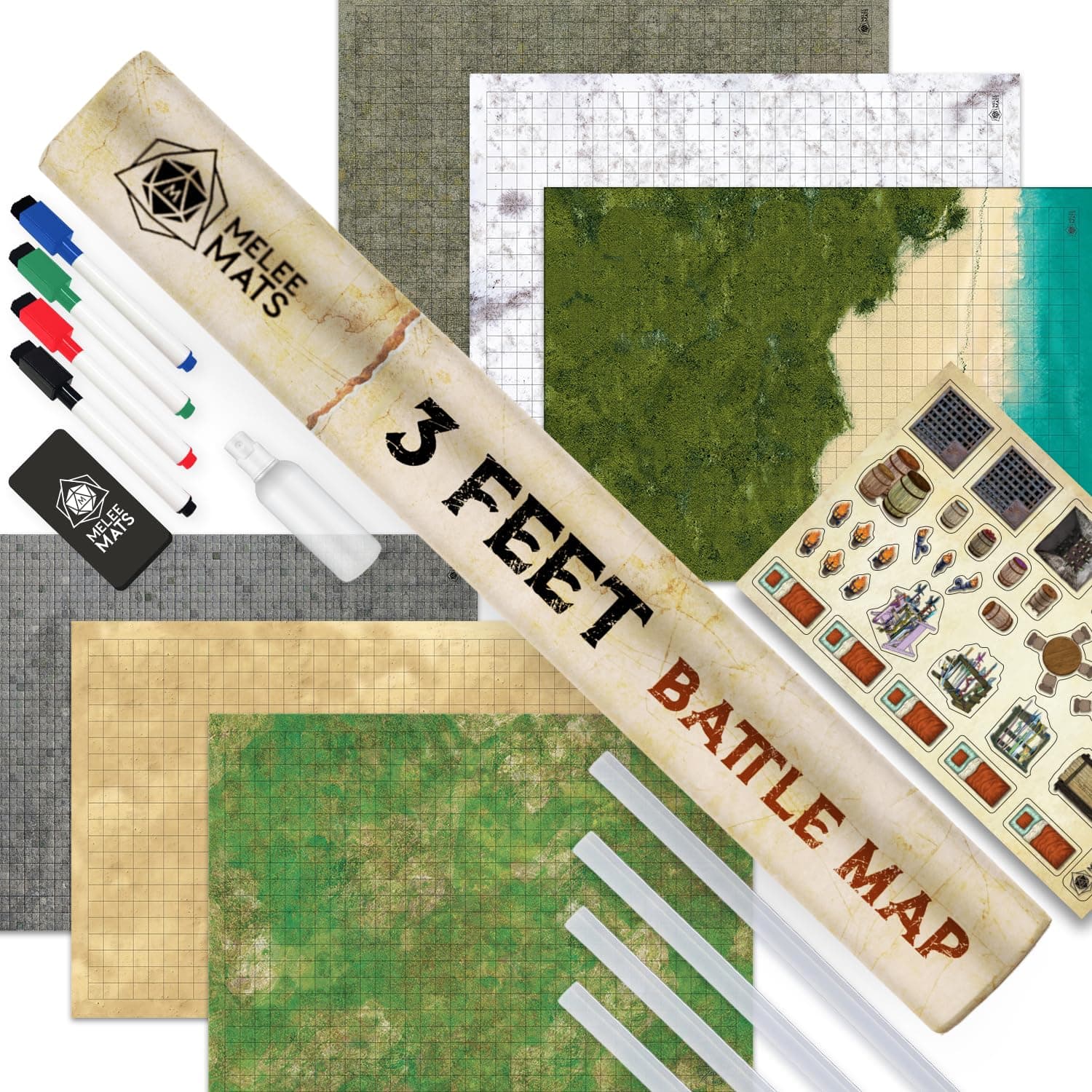 Melee Mats DND Map Starter Set for Dungeons and Dragons - 24” x 36" 3 Pack Double Sided, Wet & Dry Erase Battle Terrain Grid - Tabletop Board Gaming Kit with Accessories