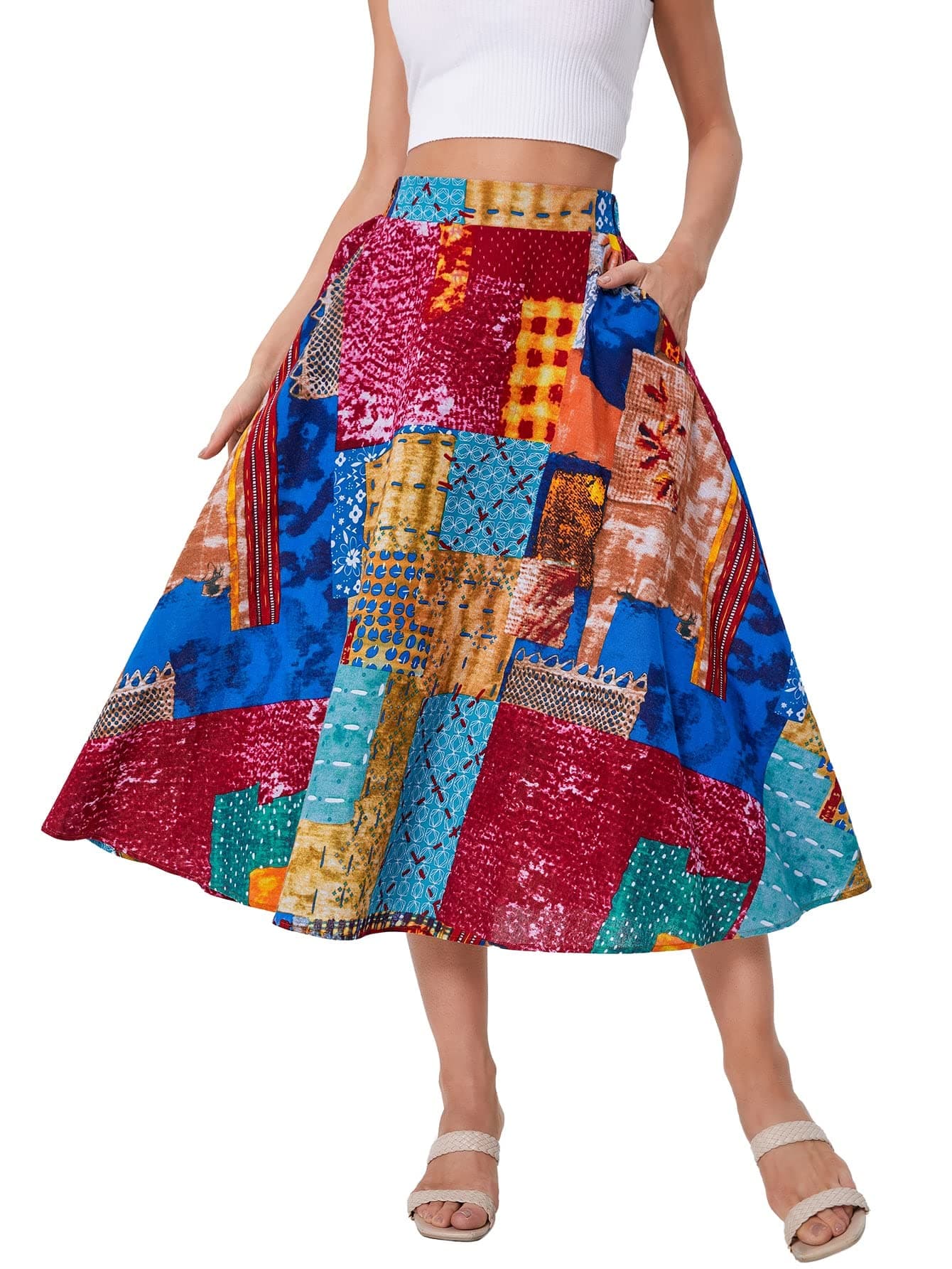 WDIRARA Women's Patchwork Skirt High Waisted A Line Flowy Boho Vintage Midi Skirt