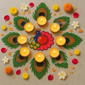 Divyakosh Decorative Peacock Tealight Candle Holder - Set of 9 with Wax Candle – Mor Pankh Reusable Diya for Diwali, Rangoli Decoration Items, LED Tealight, Indoor Outdoor, Festive Gift, Puja Decor