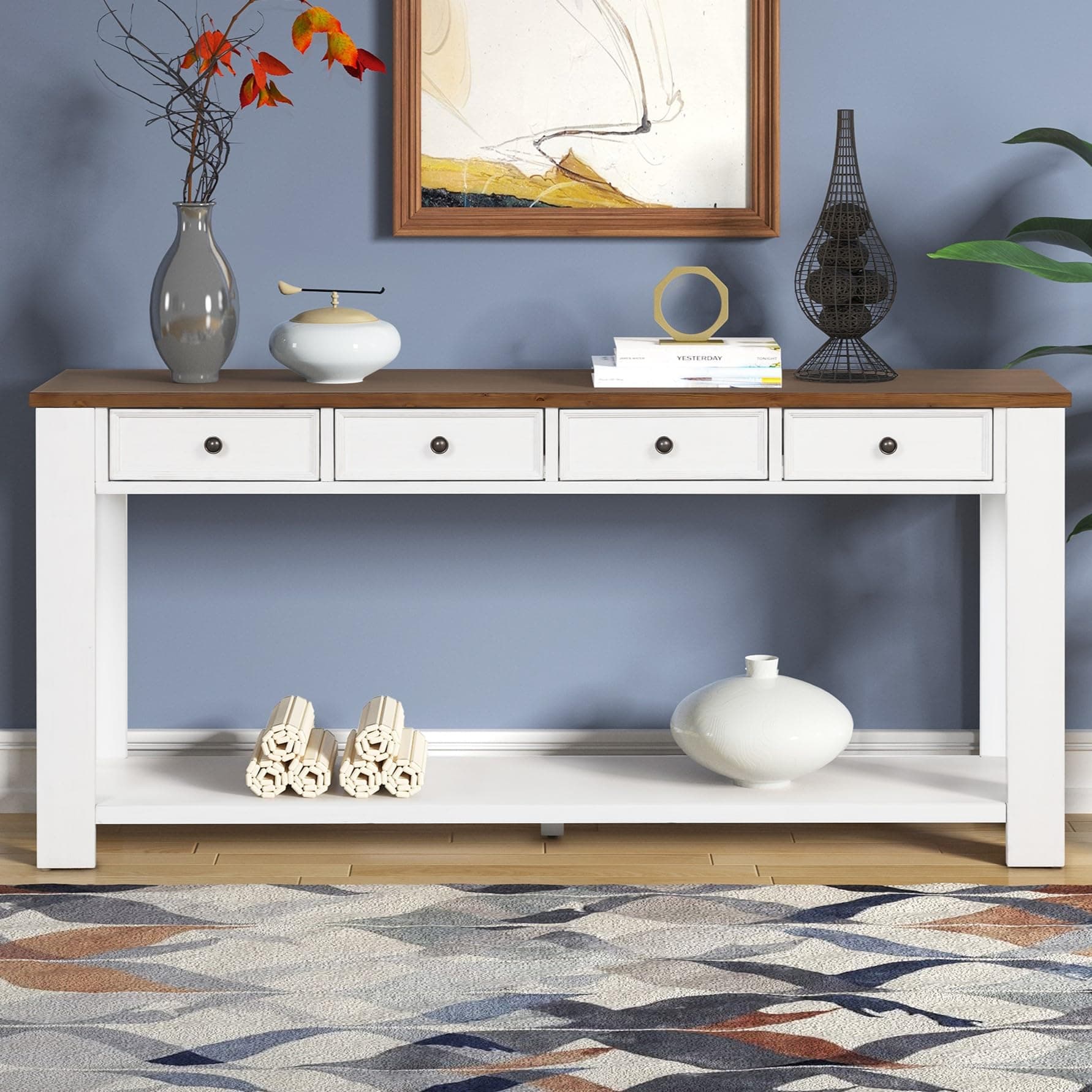 Solid Wood Console Table Sofa Table with Storage Drawers and Bottom Shelf for Entry Hallway Foyer Couch Table 63" White+Brown