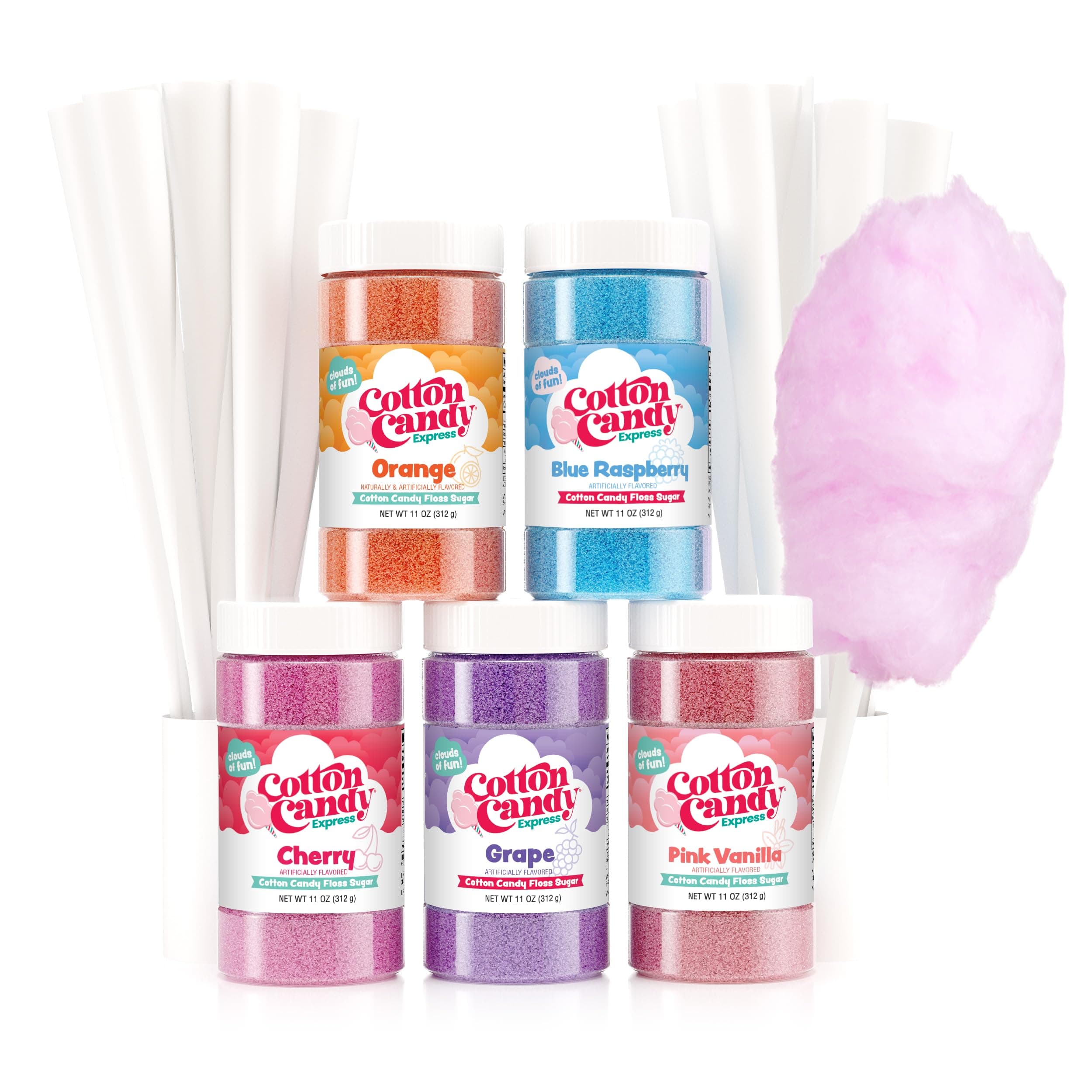 Floss Sugar Variety Pack with 5 - 11oz Plastic Jars of Grape, Orange, Pink Vanilla, Blue Raspberry, Cherry Flossing Sugars Plus 50 Paper Cotton Candy Cones