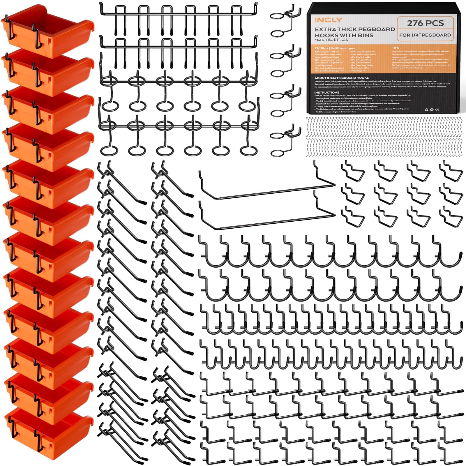 276PCS Extra Thick Pegboard Accessories Organizer Kit, 1/4" Heavy Duty Black Pegboard Hooks with Bins & Paper Towel Holder, Peg Board Hook Assortment for Garage Wall Attachments Hanging Tools