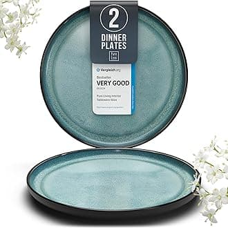 Ibiza-Style Stoneware Dinner Plates Set of 2, 10.2" Ceramic Plates With Lipped Edges, Dishwasher & Microwave Safe, Petrol Blue, Large