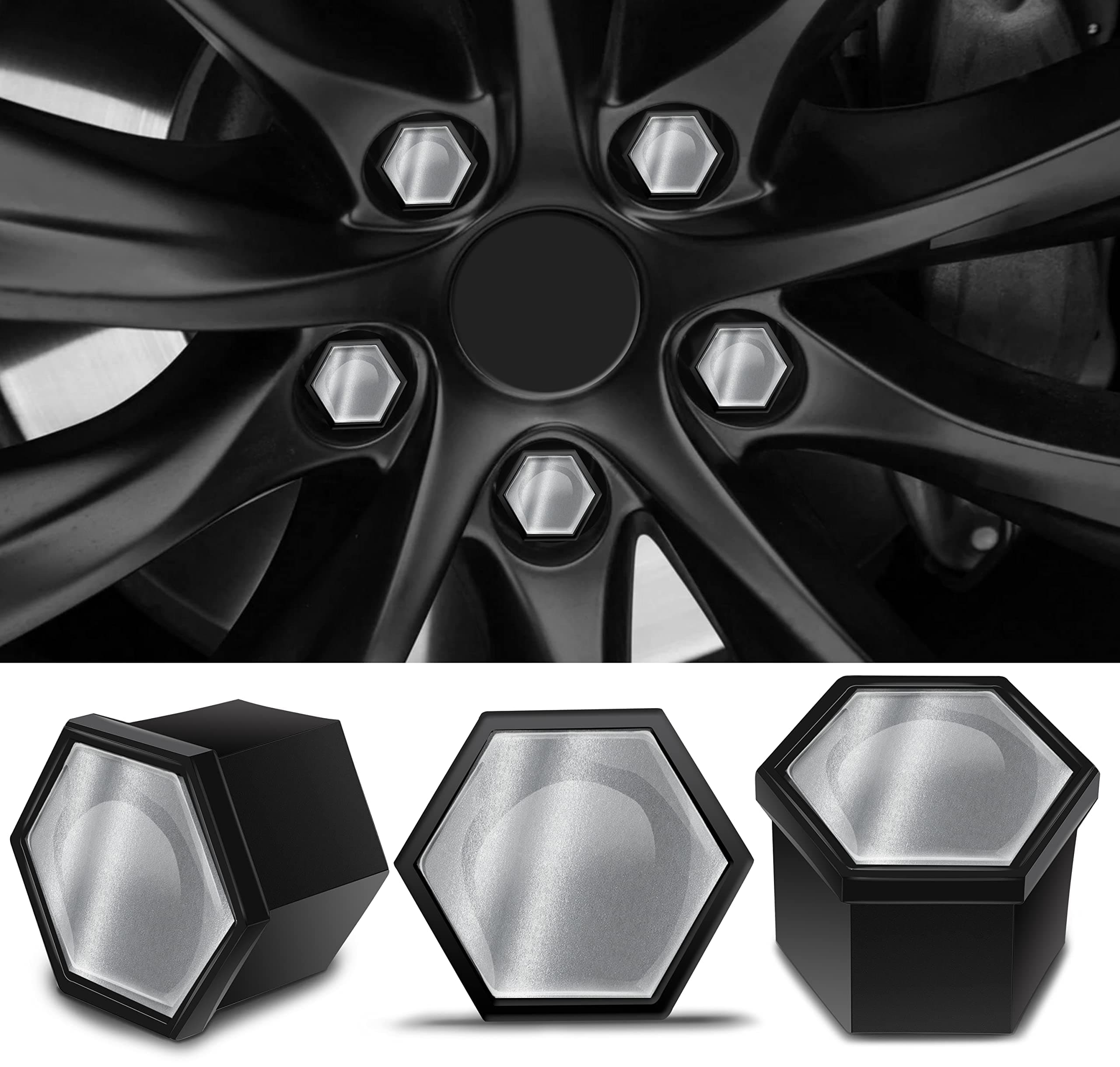 Biomar Labs Wheel Nut Covers Locking Bolt Caps Universal 17mm Silver Black Gloss NB 6