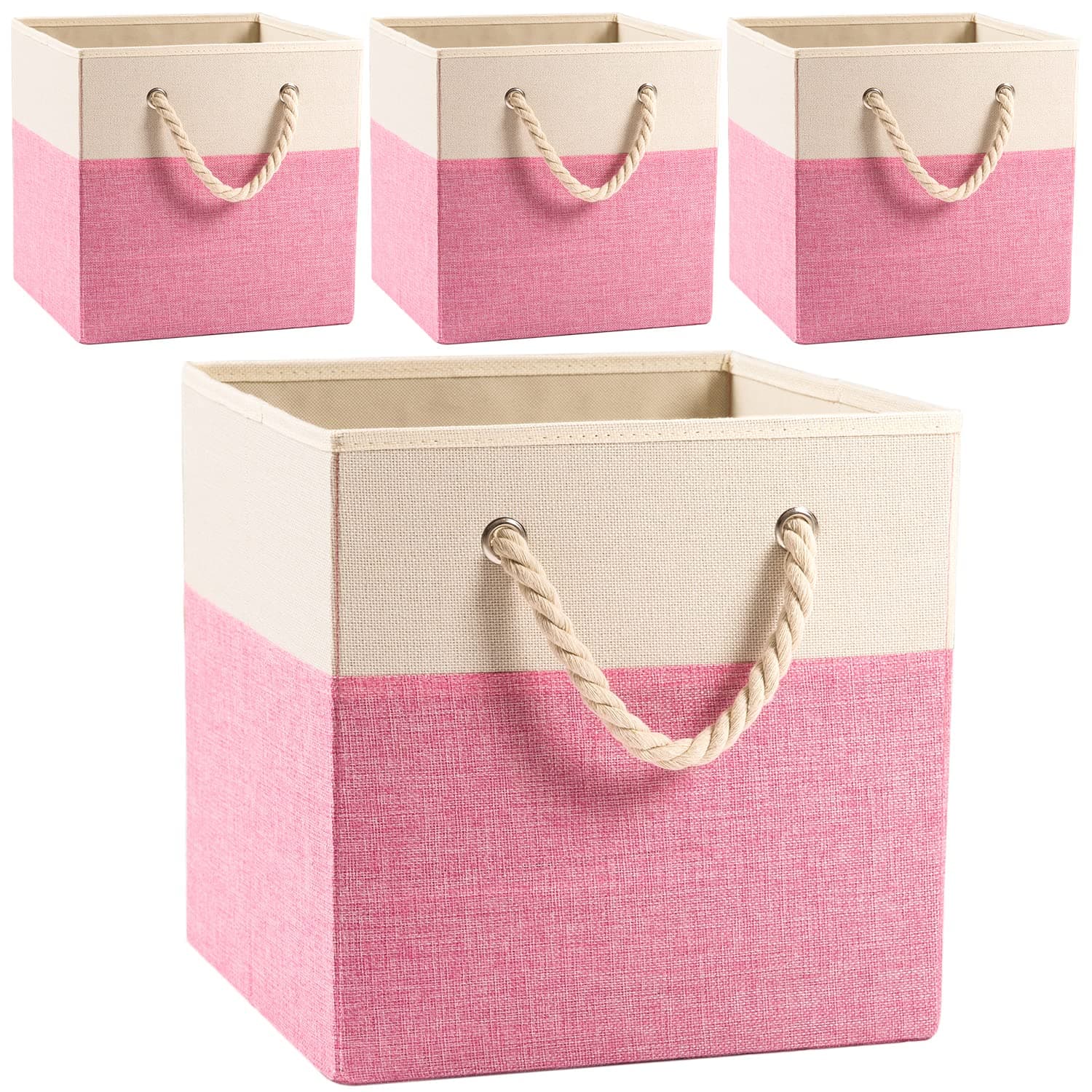 PrandomLarge Foldable Cube Storage Bins [4-Pack] Fabric and Linen Baskets, Drawer with Cotton Handles Shelf Organizer for Toy Closet, Bedroom, Pink, 13 x 13 Inch