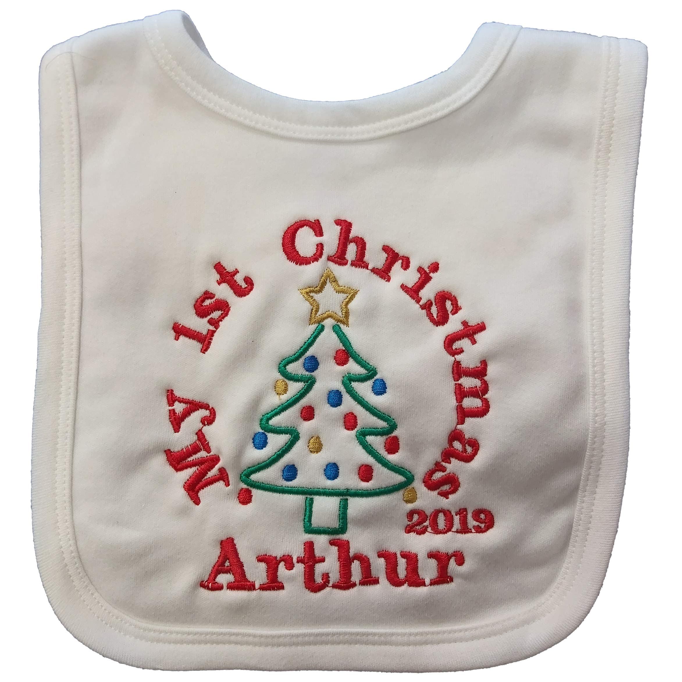 Personalised Baby's First 1st Christmas bib with Tree Available in red, White, Blue or Pink (White)