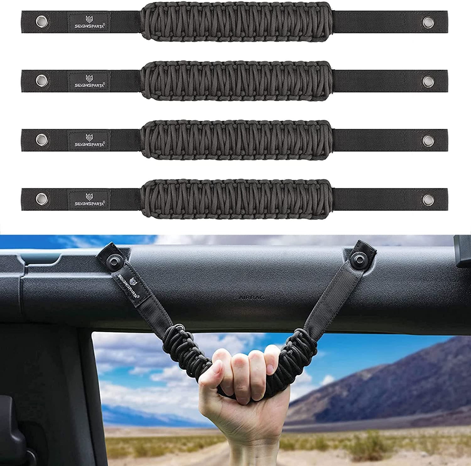 SEVEN SPARTA 4 Pack Roll Bar Grab Handles Compatible with Ford Bronco 2021-2025 2/4 Door, Paracord Grip Handle, Replacement for Bronco Interior Accessories (Not Compatible with Bronco Sport)