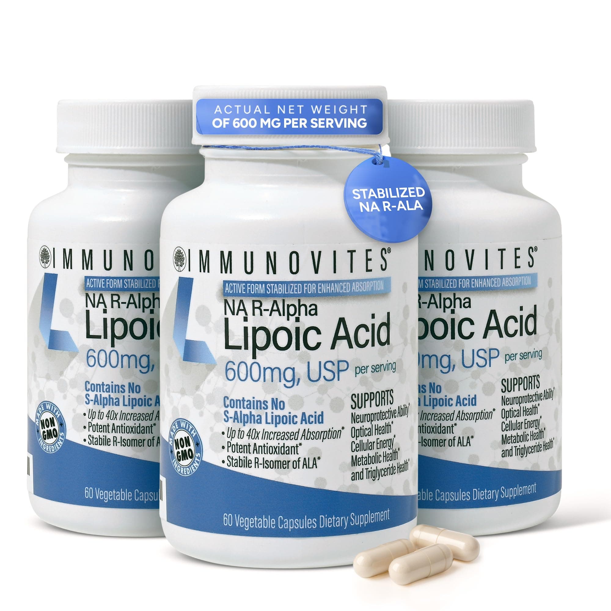 3-Pack Stabilized R-Alpha Lipoic Acid ((True)) 600mg per Serving [[High Potency & up to 40x Increased Absorption]] (Na R-ALA) (Na R-LA) (Na R-Lipoate) (3 Bottles)