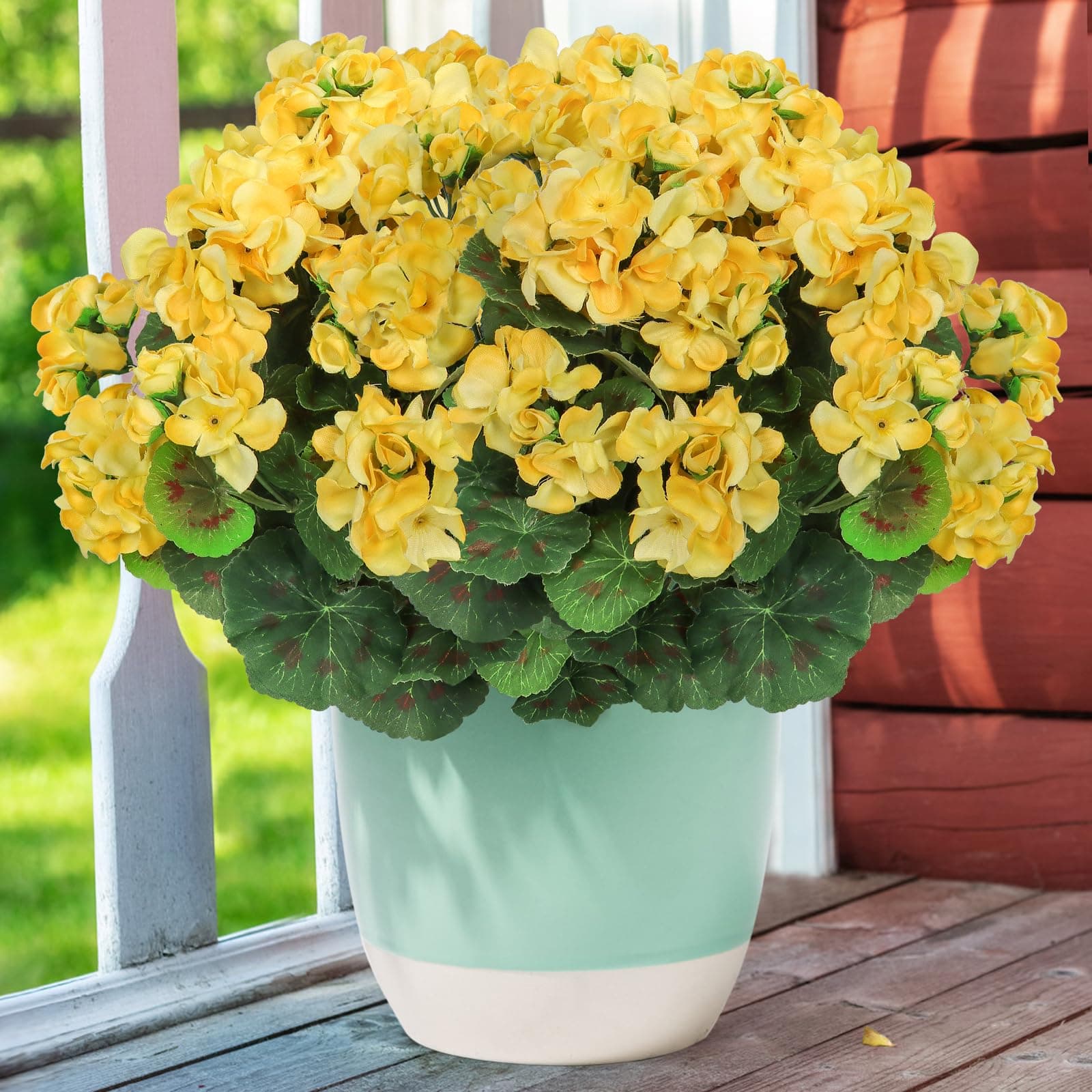 ASTNIC Artificial Flowers for Outdoors, 4 Pack Artificial Geraniums Silk Flowers UV Resistant Outdoor Plants Faux Flowers Geraniums for Home Outdoors Garden Porch Window Vase Wedding Decor (Yellow)