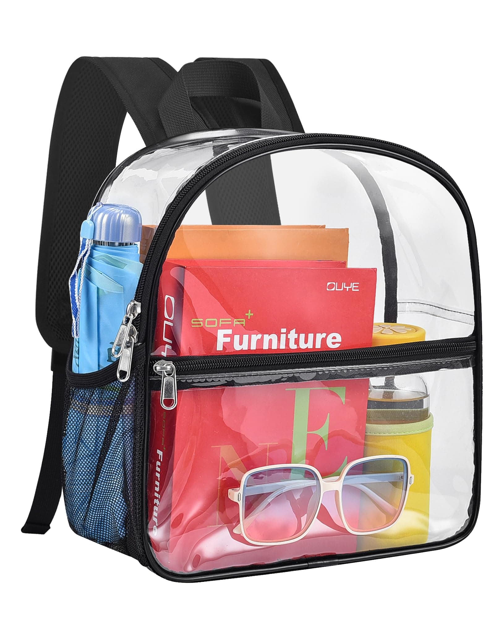 Clear Backpack Stadium Approved 12×12×6, Small Transparent Bag with Reinforced and Widened Shoulder Straps, Black, Standard, Lightweight