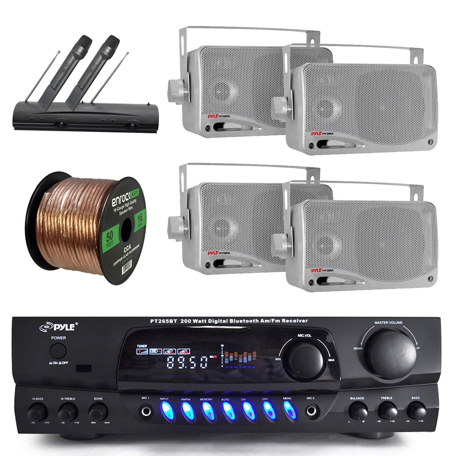 Pyle PT265BT Bluetooth 200 Watt Digital Karakoe Receiver Amplifier Bundle Combo With 4x 3'' Inch 3-Way Wall Mount Speakers + Wireless Handheld Dual Microphone System + Enrock 50 Ft 16g Speaker Wire
