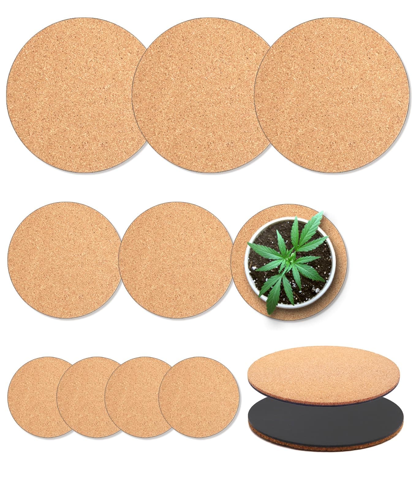 Cork Plant Coasters, 3 Sizes Double Layers 4/6/8 Inch Cork Planter Coaster, Absorbent Cork Plant Mats, Cork Plant Coasters for House Plants, 10 Pcs