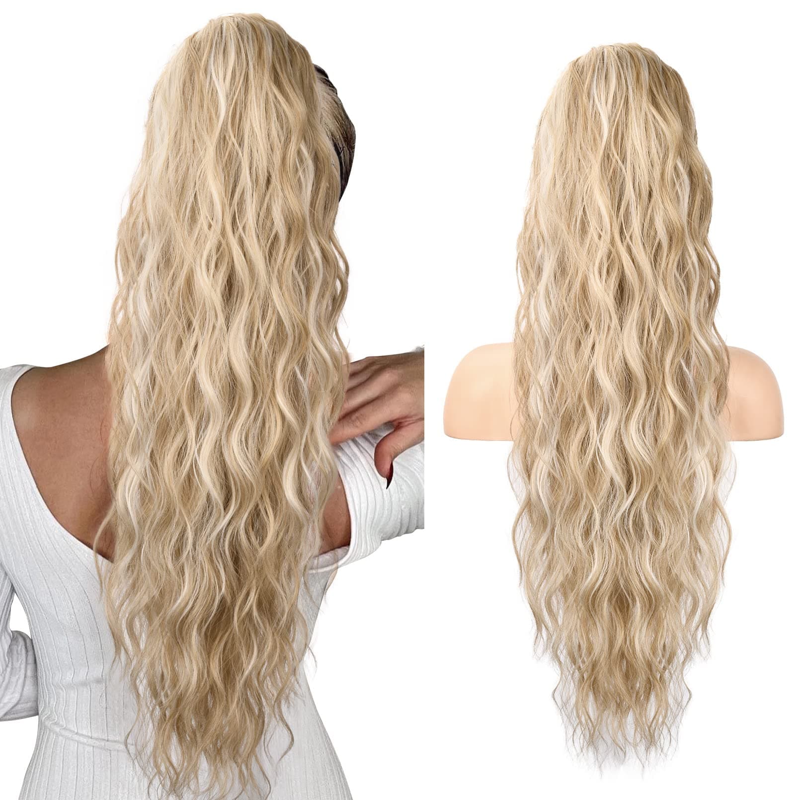 SEIKEA26" Highlight Drawstring Ponytail Extension，PT003 Eva Long Thick Wavy Clip in Hair Extensions Ponytail Natural Soft Synthetic Hairpiece for Women Light Blonde with White Blonde Highlights