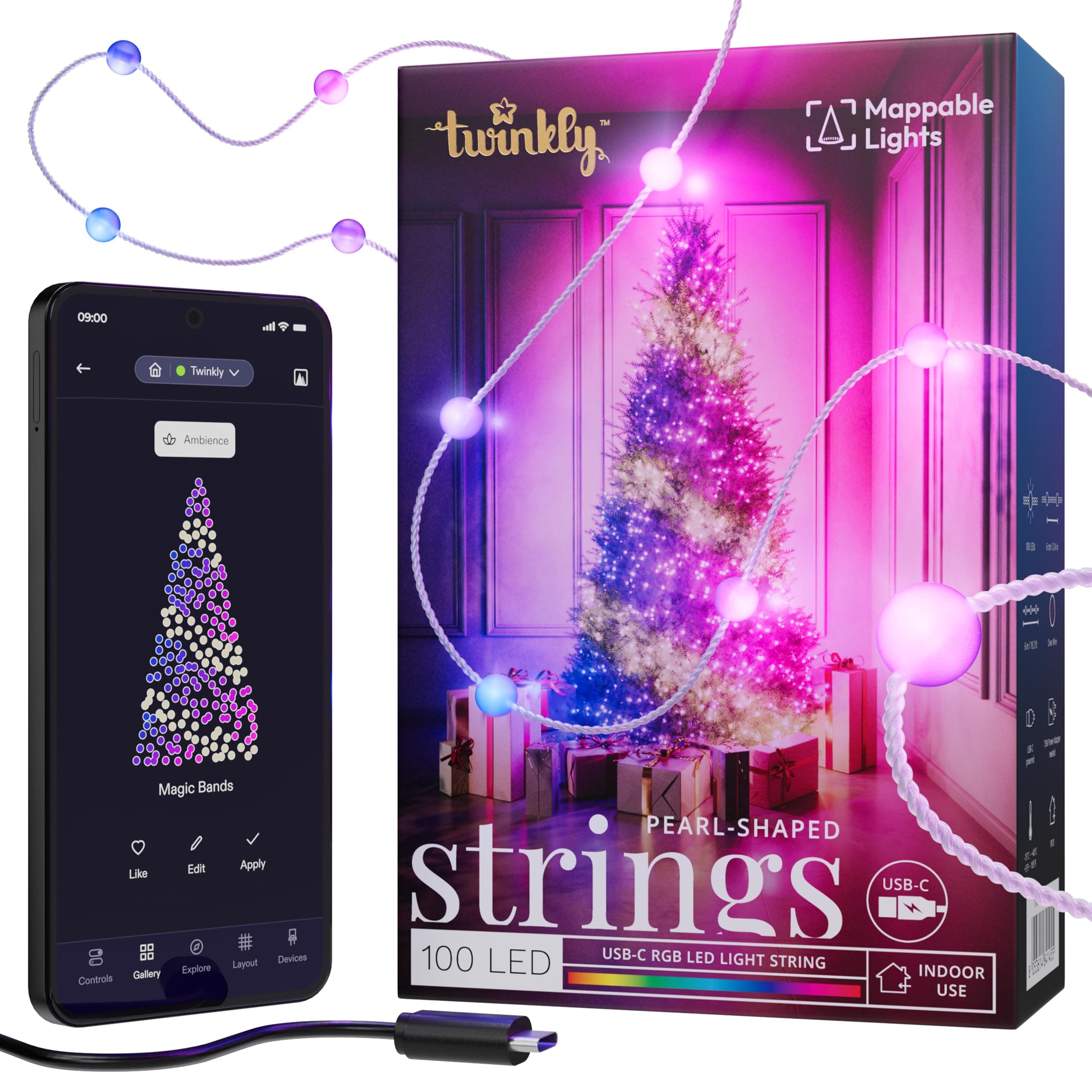 Strings USB-C Pearls 100 LED, Pearl-Shaped LED Light String, Christmas Lights, RGB Multicolor LED Lights, Compatible with Alexa, Google Home, USB-C Power, Transparent Wire, 19.7ft