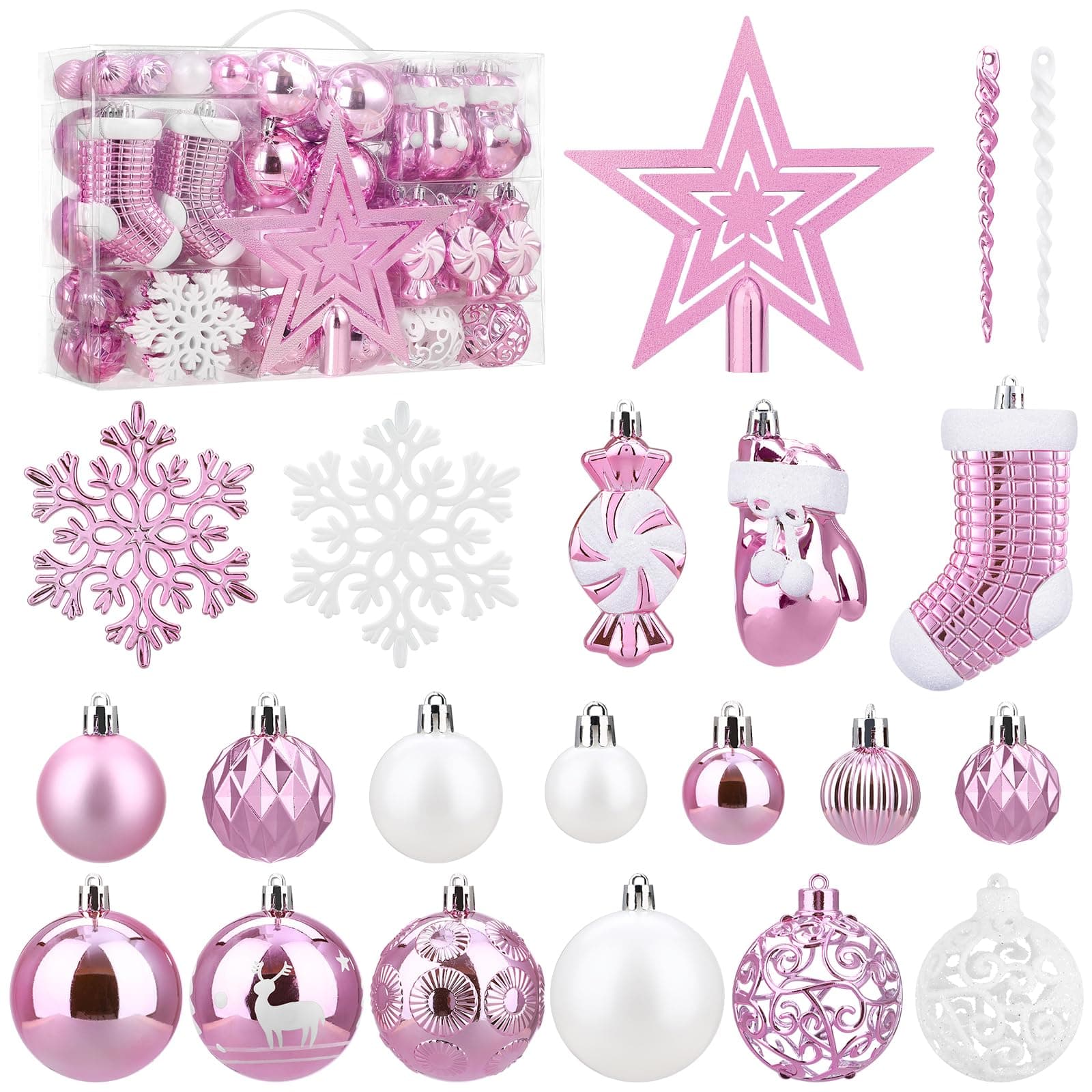 SOLEDI 128 Pieces Shatterproof Christmas Tree Decorations Set, Assorted Pink Decorative Baubles Pendants, Reusable Ornaments Hand-held Gift Package for Xmas Tree Decs