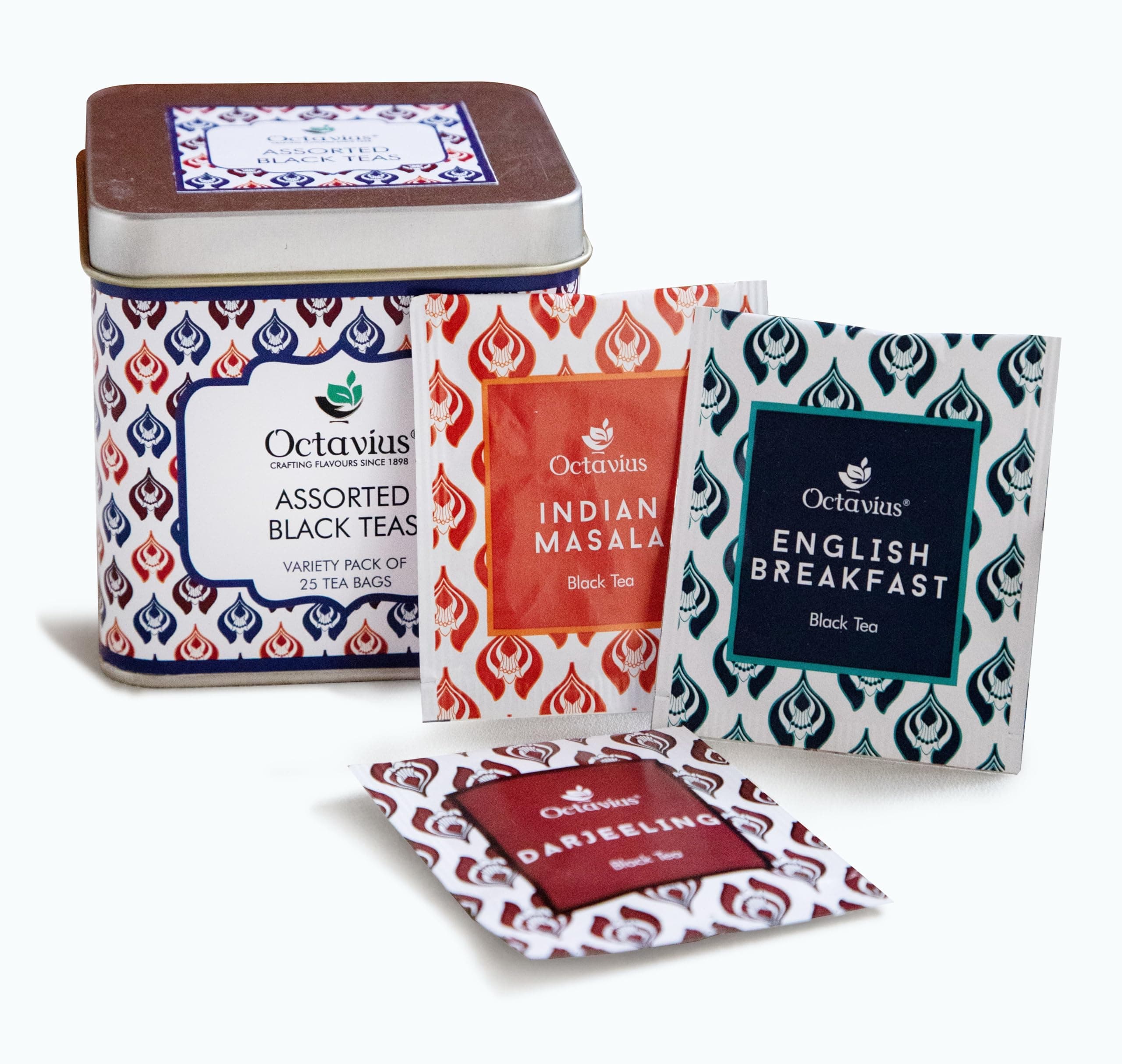Octavius Assorted Black Tea - 25 Tea Bags | Tea Gift Sets | 3 Assorted Black Tea | Indian Masala, Assam, Darjeeling | Premium Tea Gift Box | Tea Gift Tin Pack | Tea Gift Box | Tea Gift