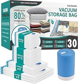 Cozy Essential Polyethylene Vacuum Storage Bags with Electric Pump, 30 Pack (3 Jumbo/3 Large/12 Medium/12 Small) Vacuum Seal Space Bags for Clothing, Pillows, Blanket, Bedding, Comforters, Transparent
