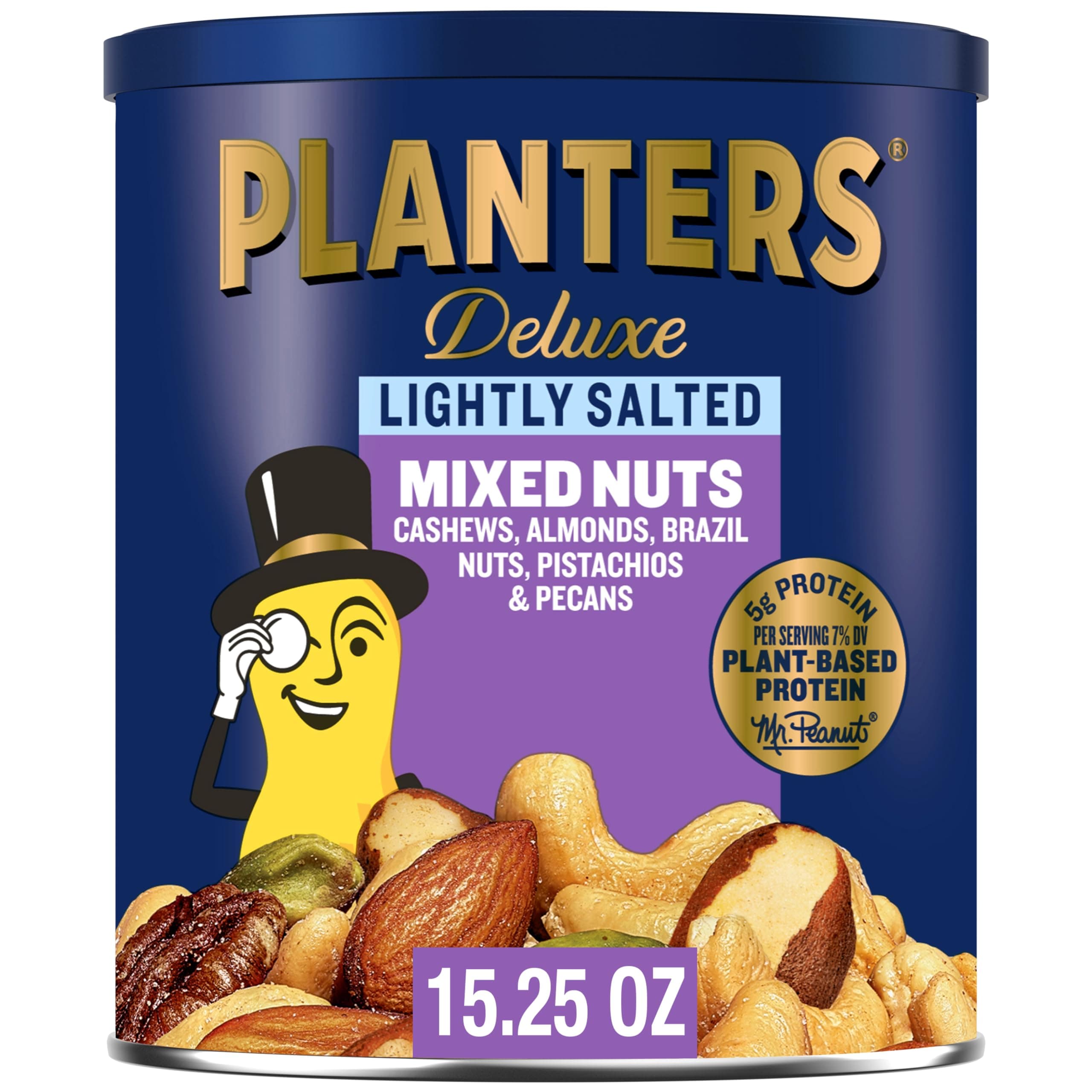 Deluxe Lightly Salted Mixed Nuts, Party Snacks, Plant-Based Protein 15.25oz (1 Canister)