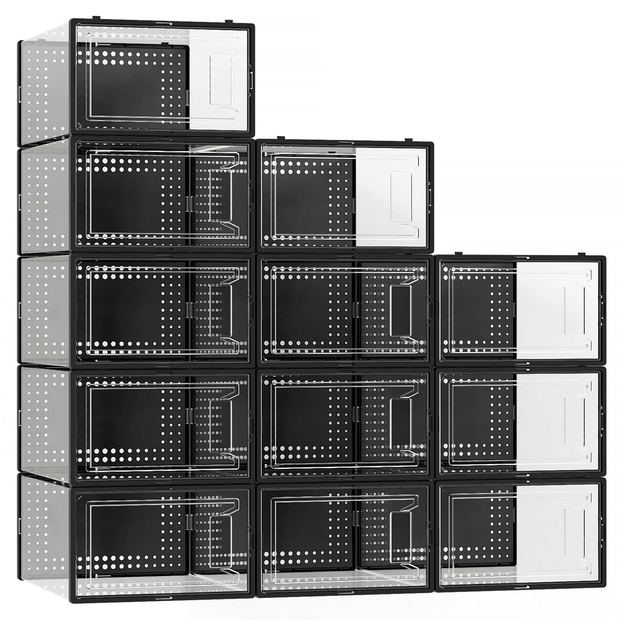 12 Pack X Large Shoe Storage Organizer for Closet, Modular Space Saving Shoe Boxes Clear Plastic Stackable Containers Display Case Bins with Lids, Black