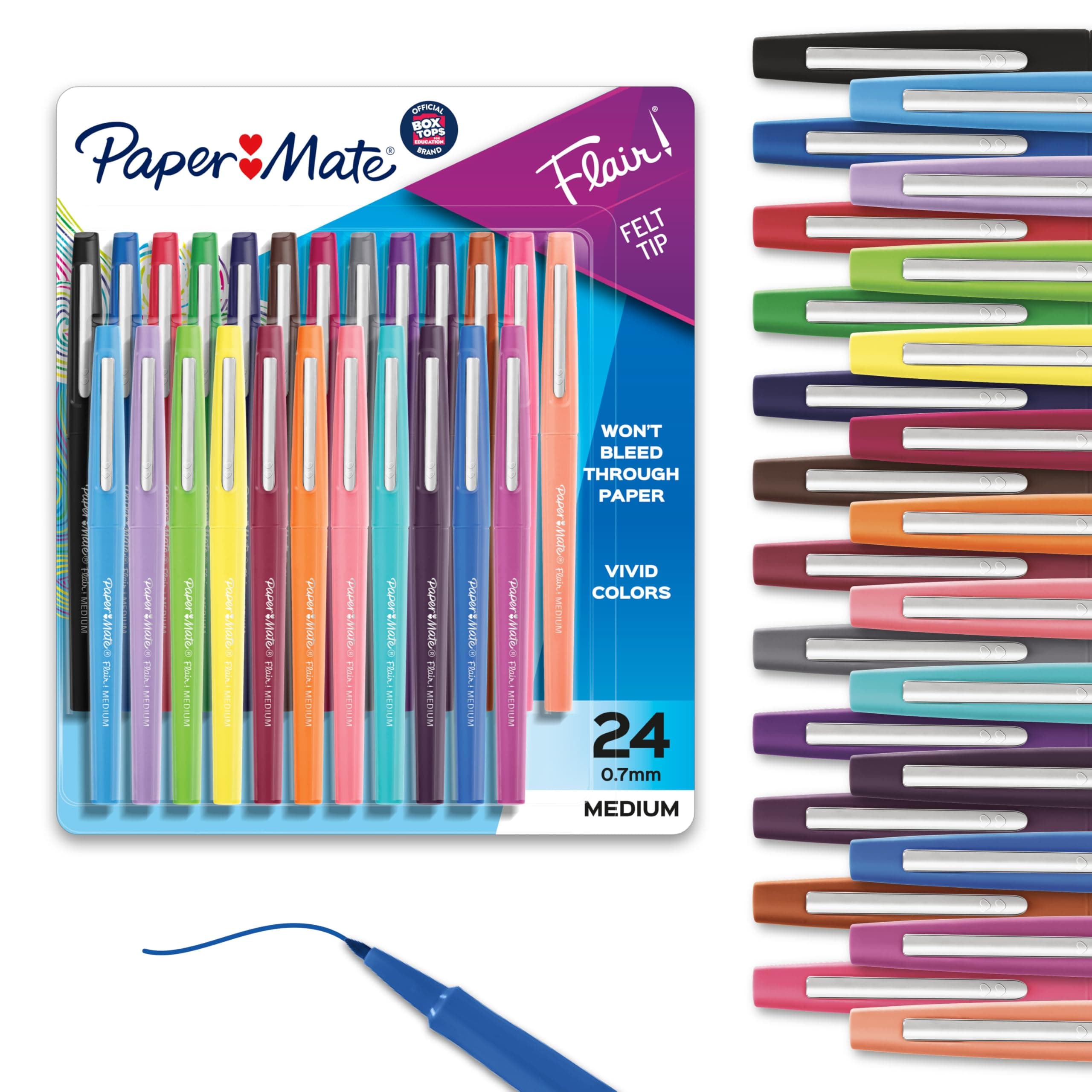 Paper Mate Felt Tip Pens, Flair Marker Pens, Medium Point, Assorted, 24 Count - Home, Office, Back to School, Teacher Supplies