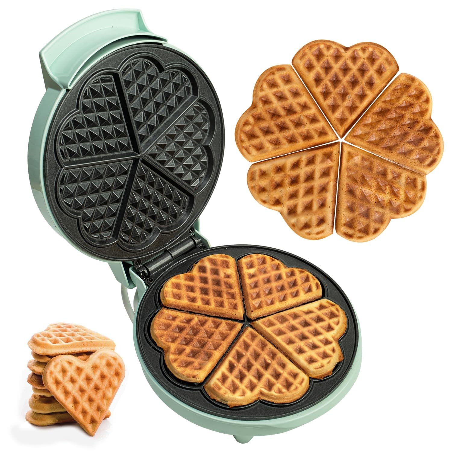 Multi Mini-HEART Waffle Maker Machine- 700 Watts | 5 Heart Waffles at once |Stainless Steel Non-Stick Cooking Plates & Cool Touch Handle | Electric Iron with Indicator Light- Mint Green