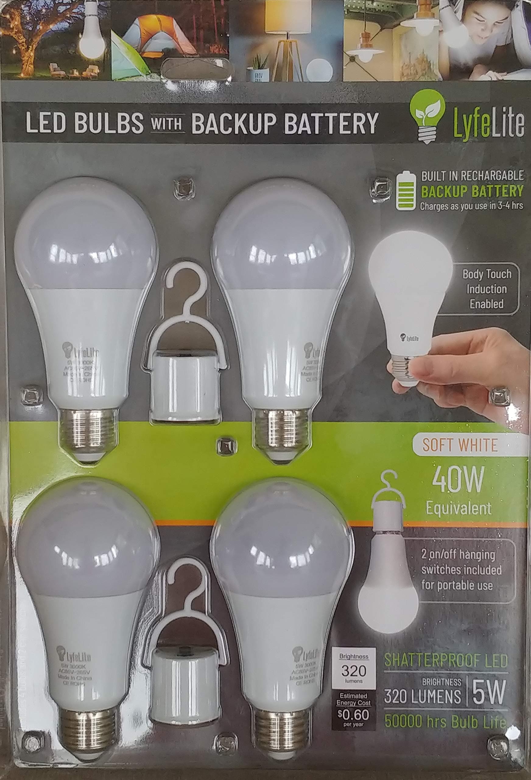 Rechargeable Emergency LED Light Bulb 4-5 Hour Emergency Lighting 5 watt (40 watt Equivalent) 320 lumens Soft White Non dimmable E26 4 Pack