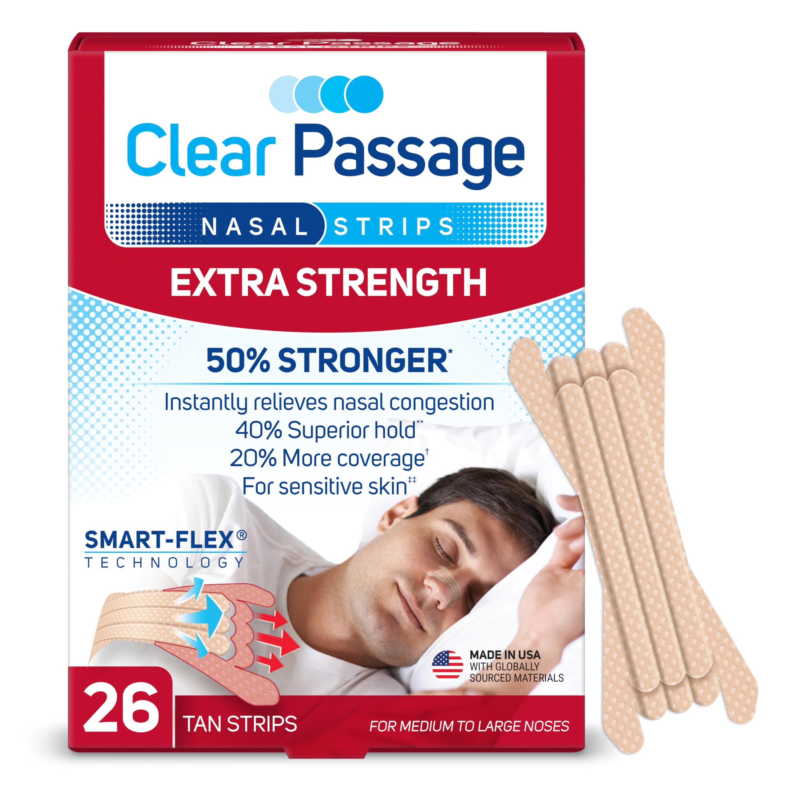Clear Passage Nasal Strips Extra Strength, Tan, 26 Count | Works Instantly to Improve Sleep, Reduce Snoring, Relieve Nasal Congestion Due to Colds & Allergies