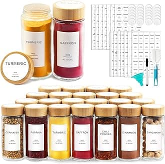 AISIPRIN Glass Spice Jars with 398 Labels-4oz 24 Pcs,Round Seasoning Jars with Bamboo Airtight Lids,Spice Container Set -Shaker Lids, Funnel,Brush and Marker Included