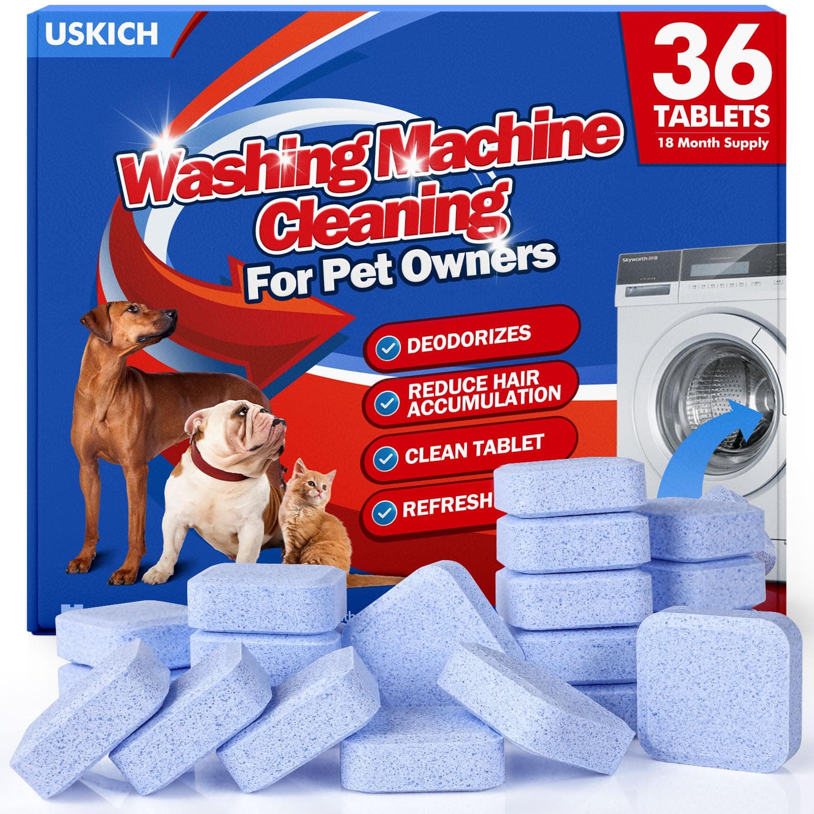 USKICH 36 Pack Washing Machine Cleaner Tablets For Pet Owners,Washer Machine Cleaner Remove Stubborn Pet Hair, Eliminates Smells,Compatible with HE, Top & Front Load Washer