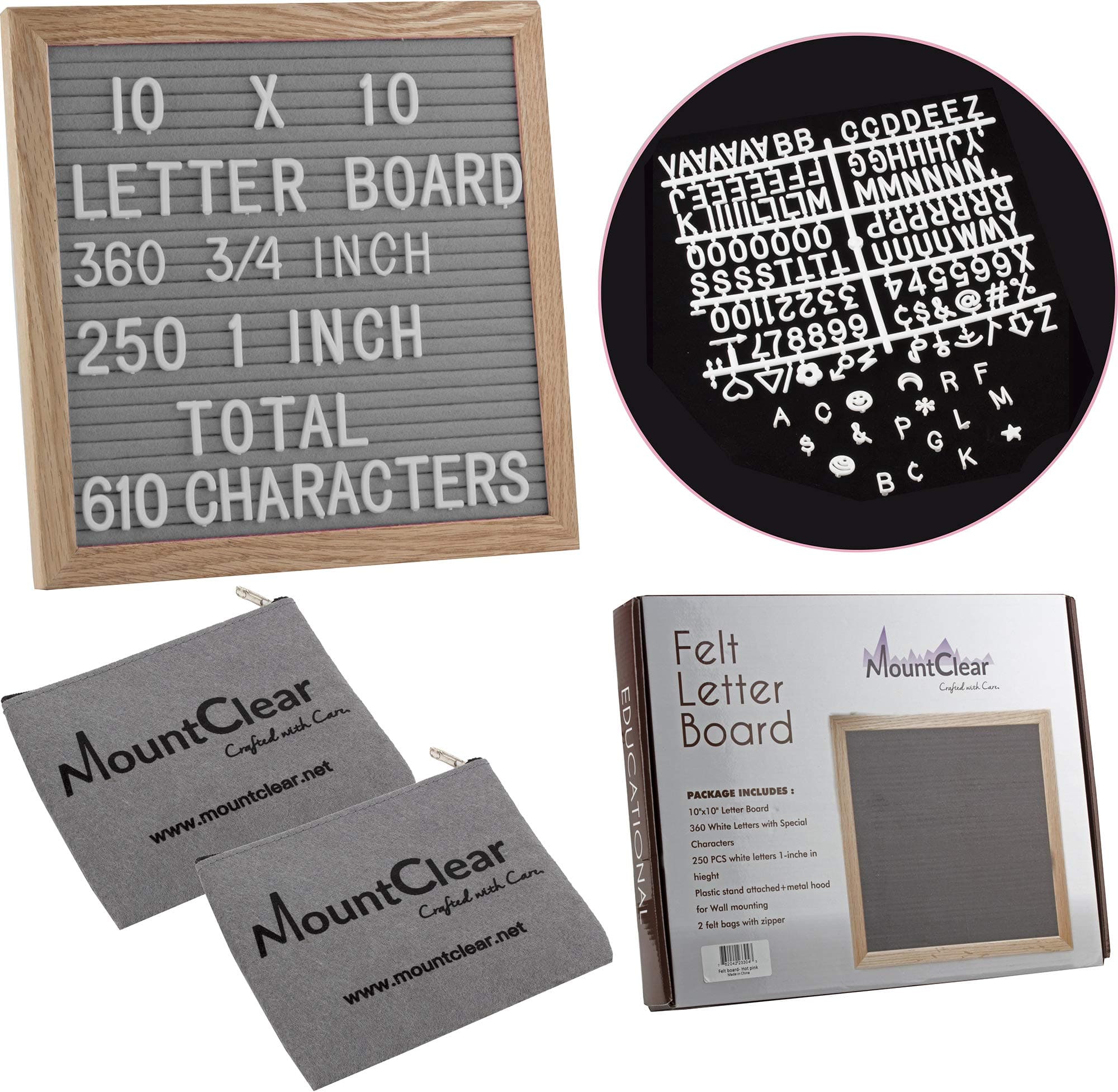 10” X 10” Felt Letter Board with 360 Changeable White Letters – Two Zippered Pouches- Plastic Stand and Metal Hook for Easy Display (Gray)