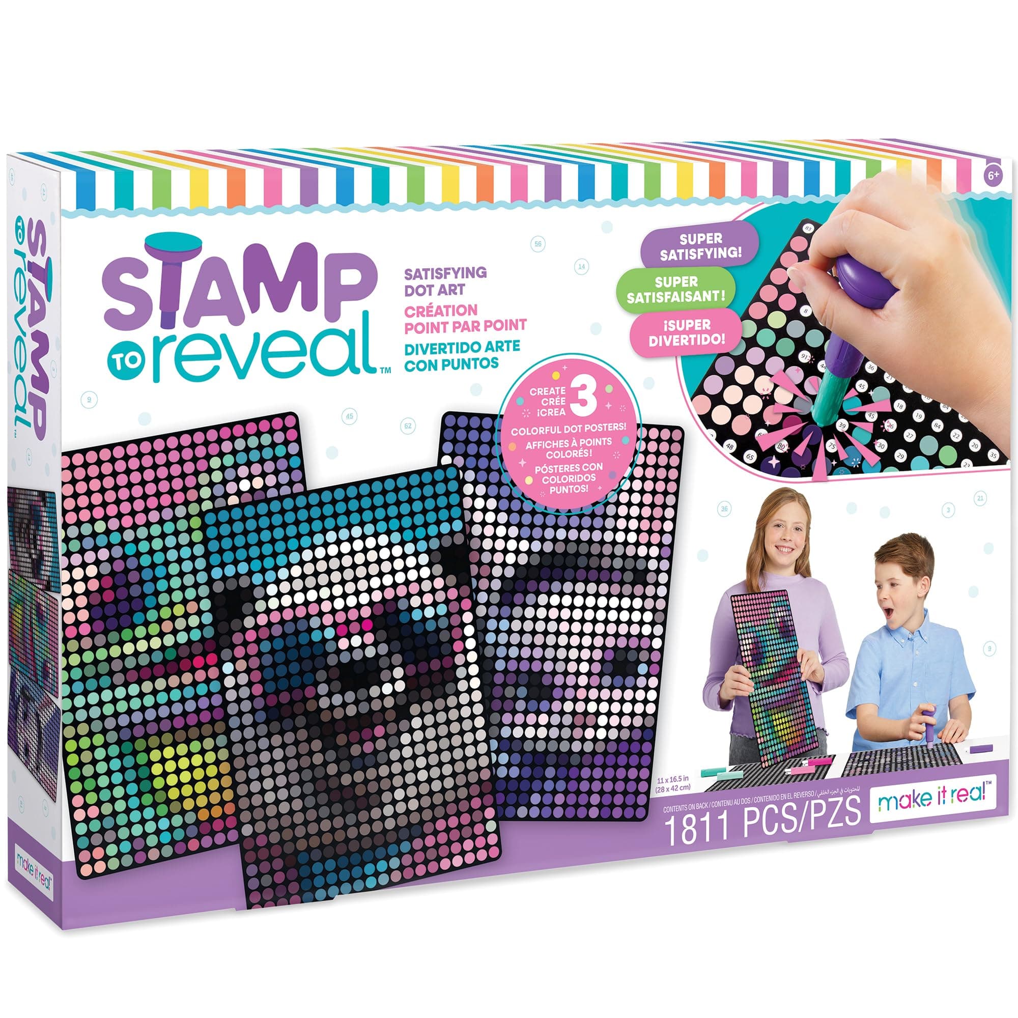 Make It Real: 3 Characters Reveal Stamp - Bunny, Frog, Panda - DIY 3 Dot Poster, 11 x 16.5, Craft Kit, Artwork Activity, Girls & Kids Ages 6+