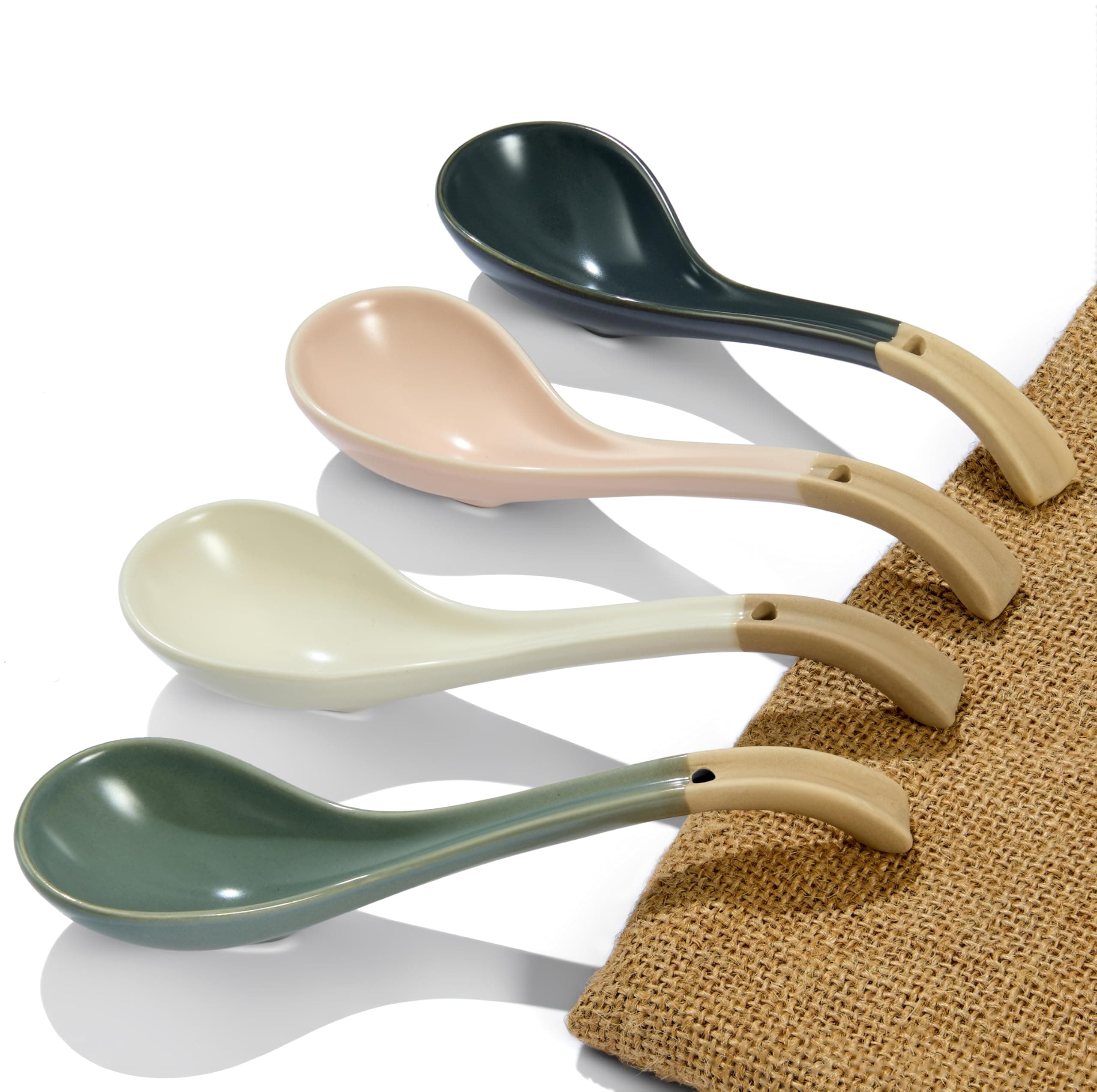 Asian Ceramic Soup Spoon, with Long Handle Easy to Hold, Non-slip Bottom, for Japanese Ramen, Chinese and Vietnamese Wonton, Noodle Soup Spoons (V38)