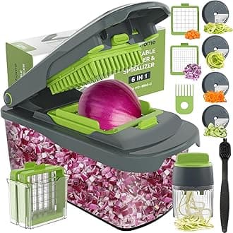 Ourokhome Onion Chopper Dicer with Container, Manual Food Cutter with Handheld Veggie Spiral, Hand Vegetable Mandolin slicer for Potato, Tomato, Carrot, Essential Kitchen Gadget (6 in 1, Gray)
