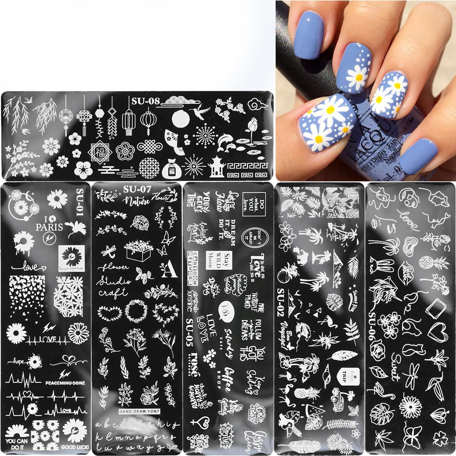 6 Pcs Stamping Plates With Stamper, Scraper, Template Set - Chrysanthemum, Coconut Tree, Leaf Art Stencils for Manicure Supplies
