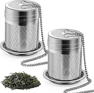 Tea Infusers for Loose Tea, 2 Pack Extra Fine Mesh Tea Strainers, 18/8 Stainless Steel Loose Leaf Tea Steeper Tea Diffusers with Extended Chain Hook and Drip Tray