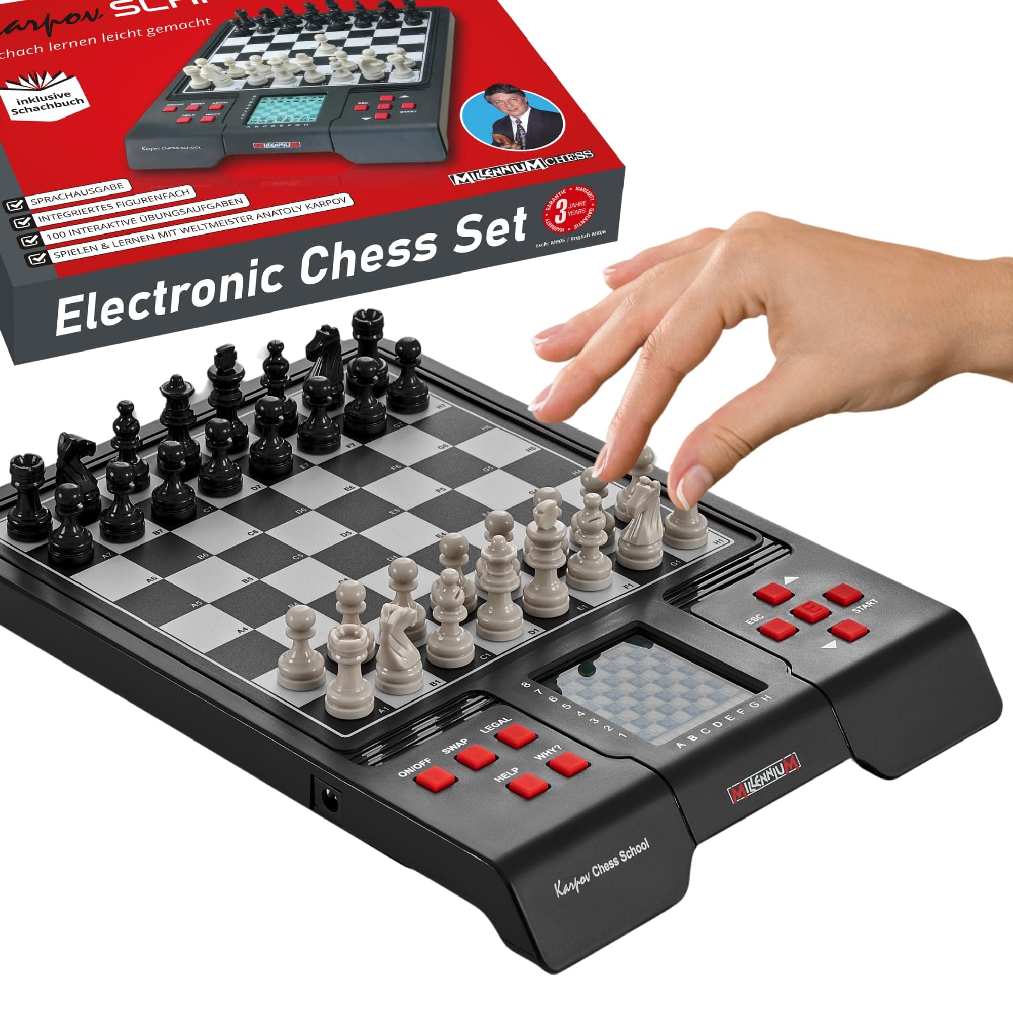 M805 Karpov Chess School - Chess Computer with textbook, interactive exercise tasks and voice output for beginners and children. Also suitable for schools and clubs