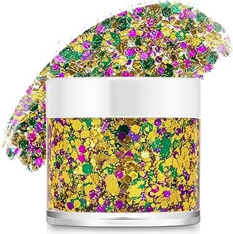 Paminify Mardi Gras Gold Hair Face Glitter,Mardi Gras Outfit for Women,Green Purple Gold Mixed Holographic Self-Adhesive Body Glitter,Festival Chunky Sequins Carnival Costume New Orleans Decorations
