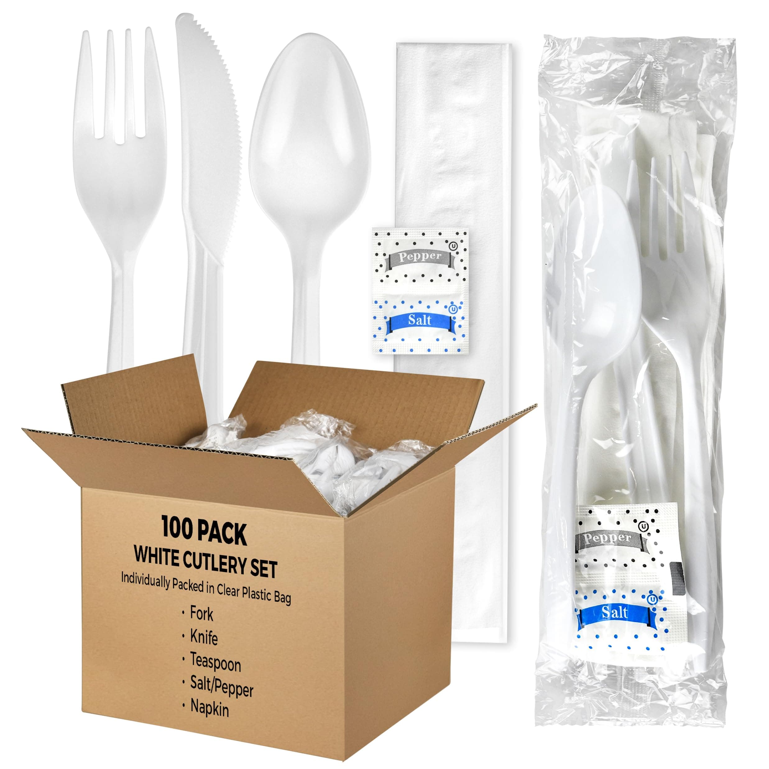 KitchenDine 100 Pack Medium Weight Wrapped white Plastic Cutlery Pack with Napkin and Salt/Pepper Packets (White)