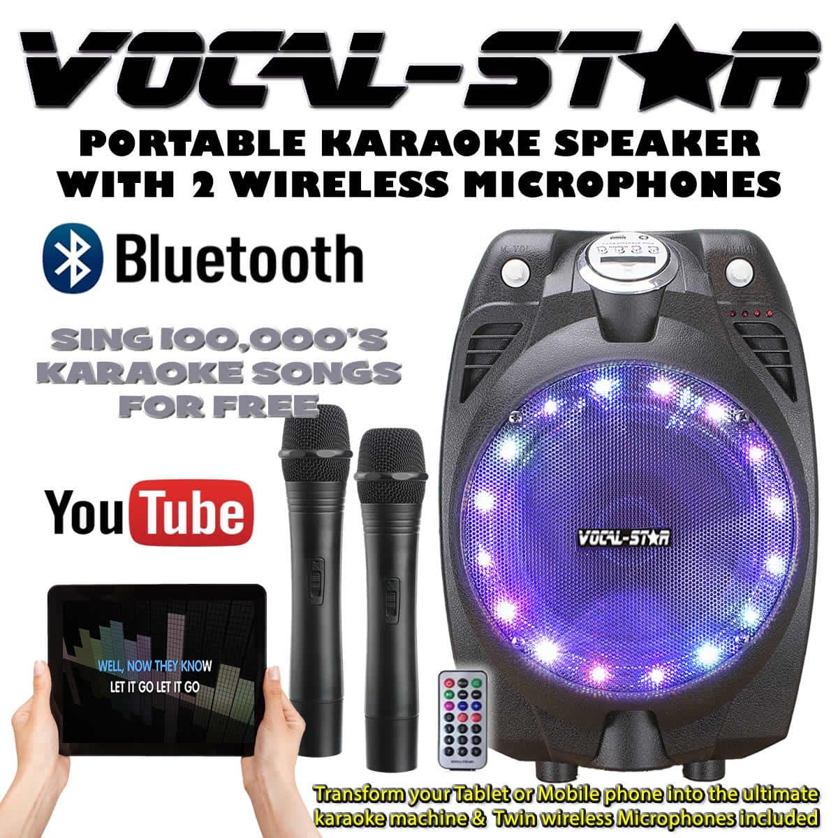 Vocal-Star VS-SP30 Wireless Karaoke Machine Black Active PA Speaker 2 Wireless Mics Bluetooth