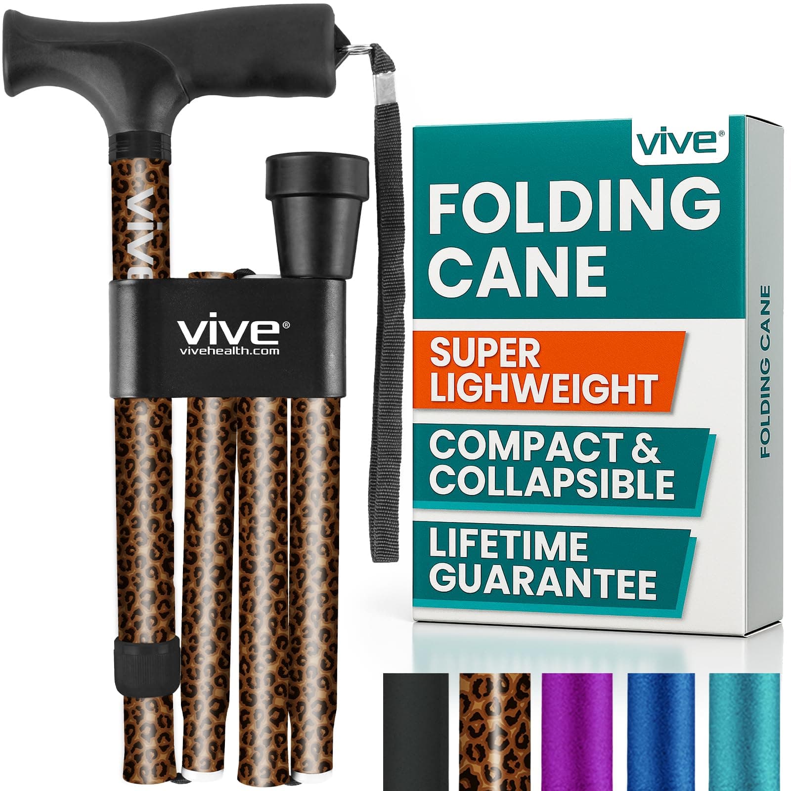 Vive Folding Cane - Foldable Walking Cane for Men, Women - Fold-up, Collapsible, Lightweight, Adjustable, Portable Hand Walking Stick - Balancing Mobility Aid - Sleek, Comfortable