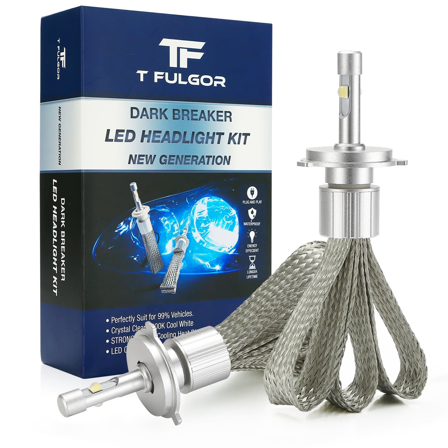 T FULGOR DarkBreaker H4 LED Headlight Bulbs Conversion Kit Purple copper braid, CREE Cool White, 40w, 10,000lm 6000K,2 year warranty,1 pair (H4)