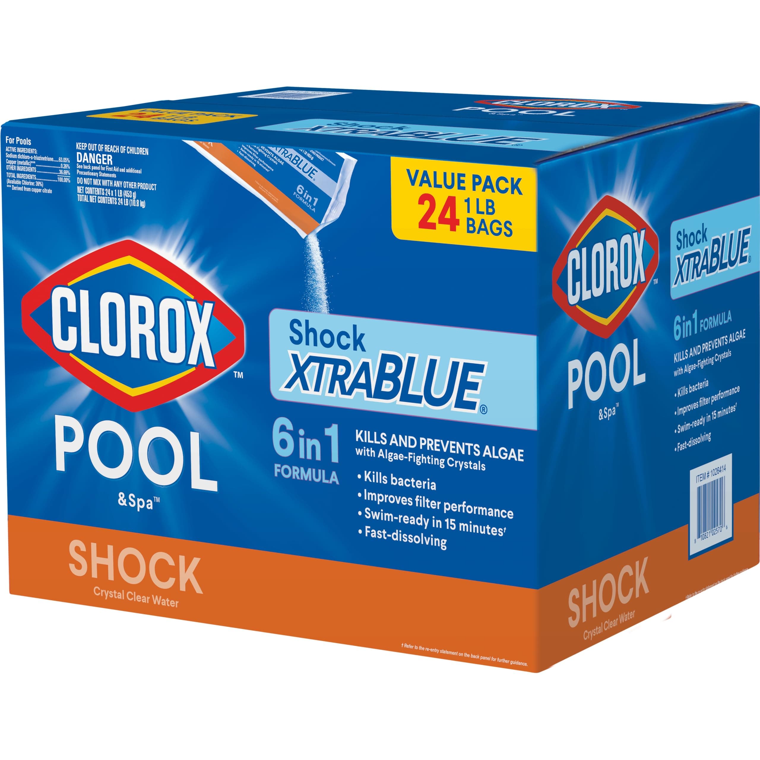 Clorox® Pool&Spa™ Shock XTRABLUE®, Kills Bacteria & Algae in Swimming Pools, Swim-Ready in 15 Minutes, (24-Pack)